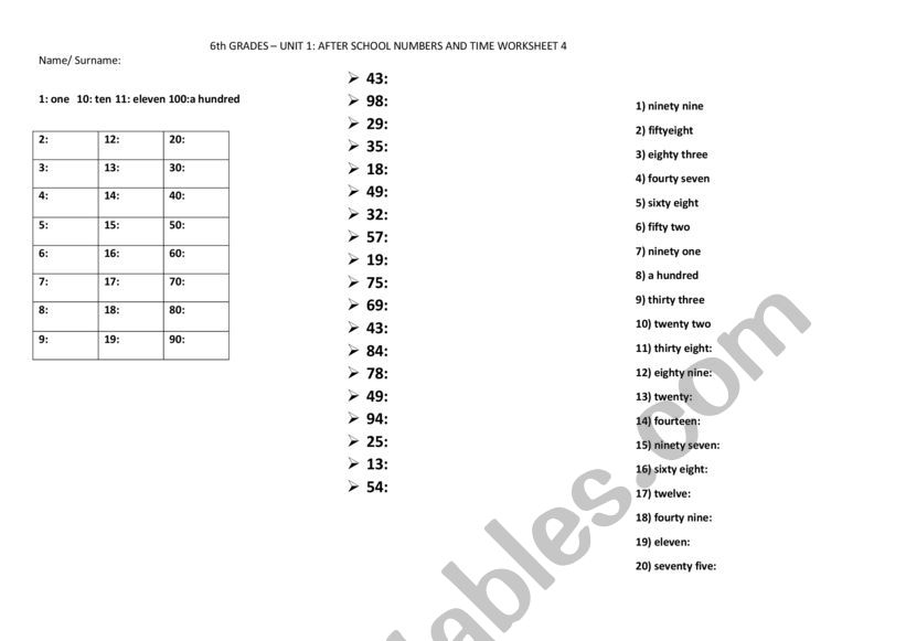 numbers and time worksheet