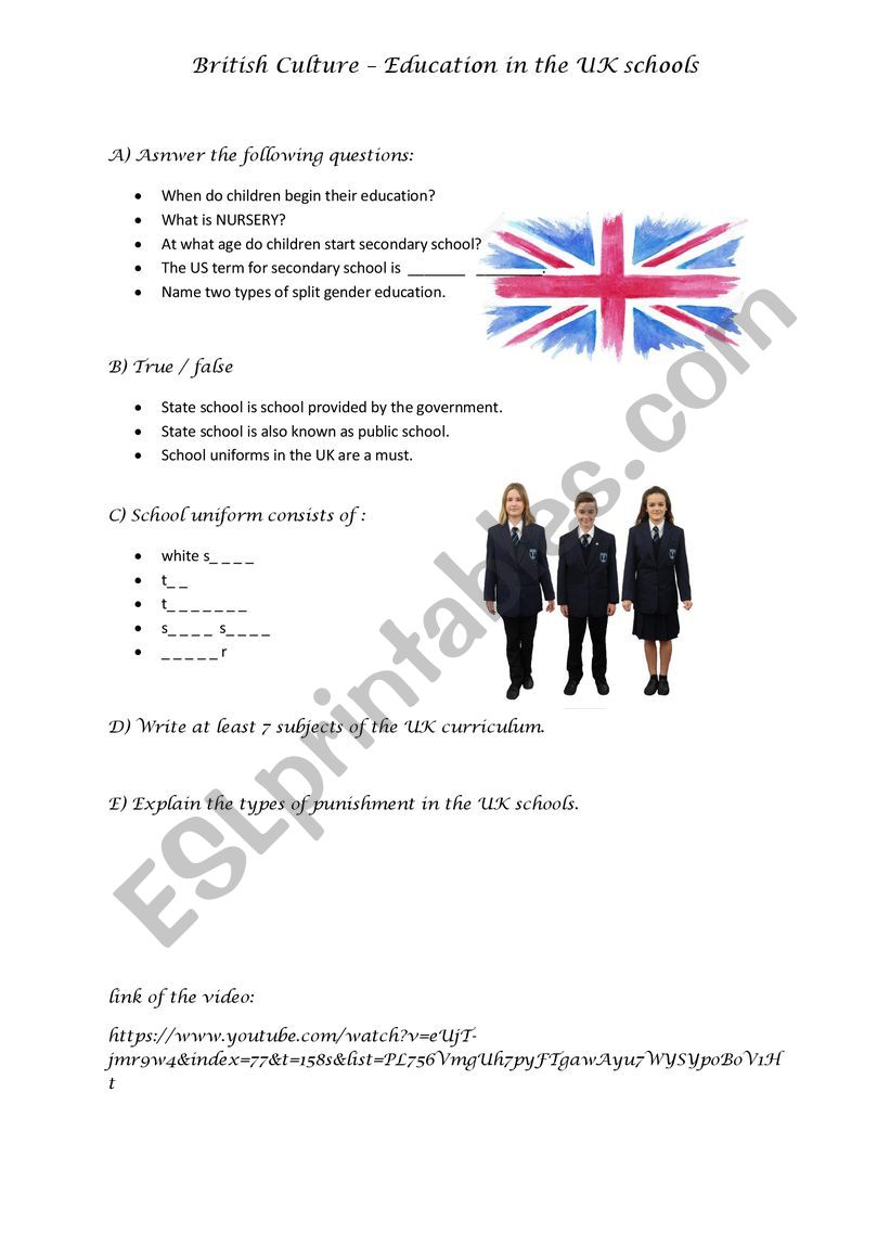 British Culture - UK Schools worksheet