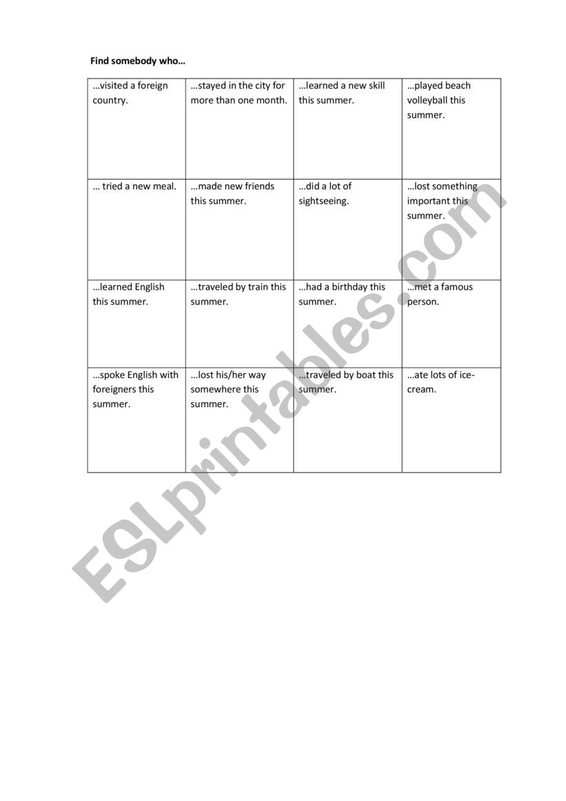 Summer hvocation bingo worksheet