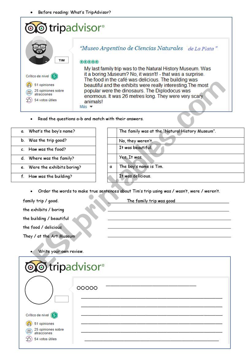 TripAdvisor Worksheet Verb To be - Past Simple 