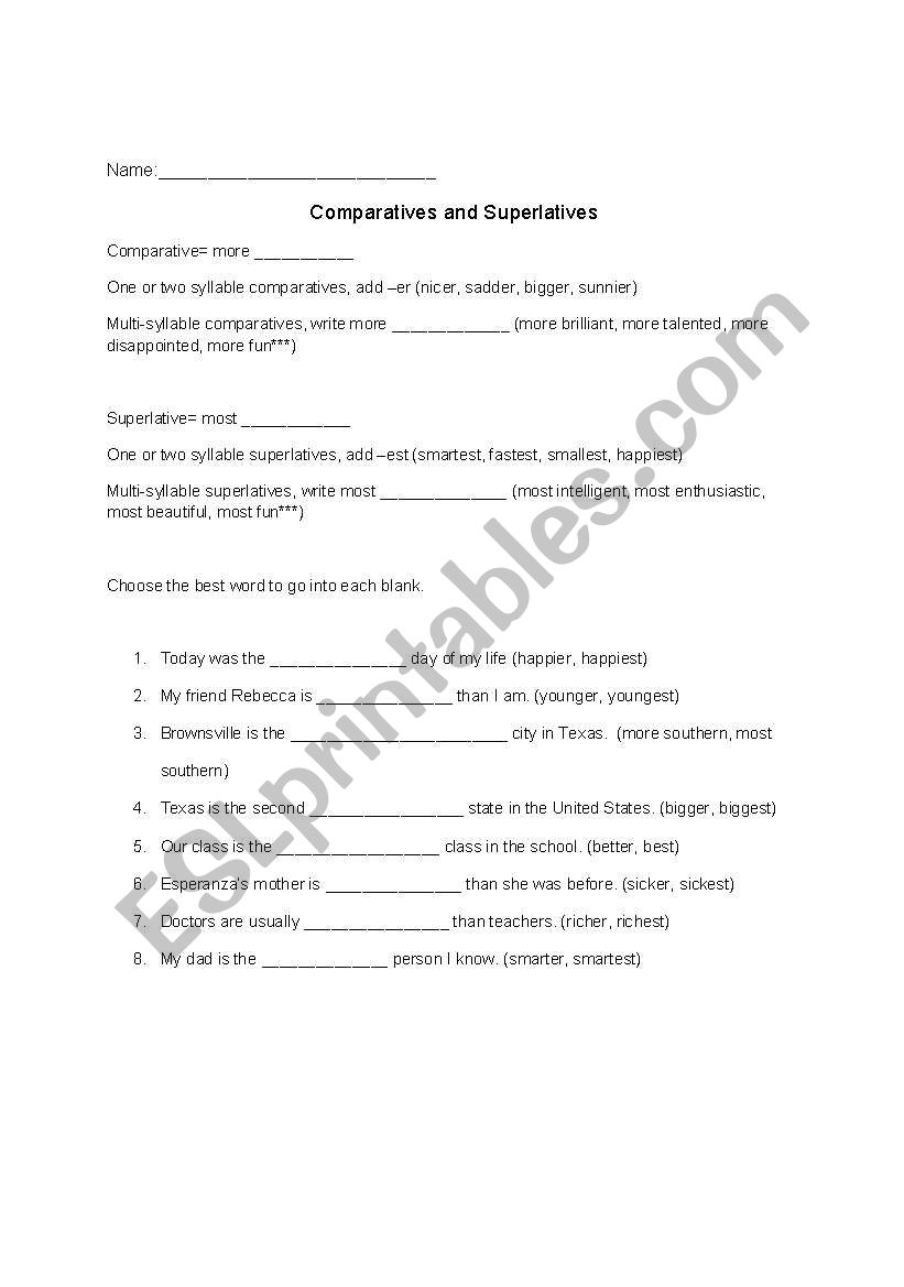 Comparatives and Superlatives worksheet
