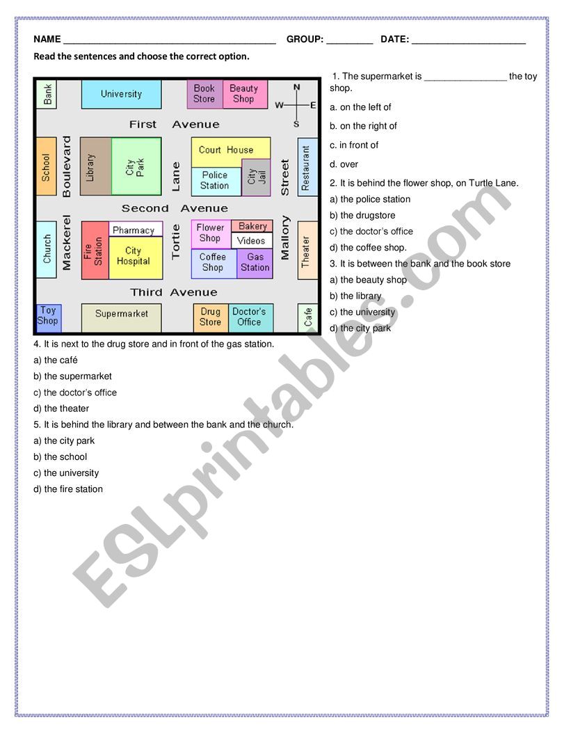 Prepositions of place on a map 