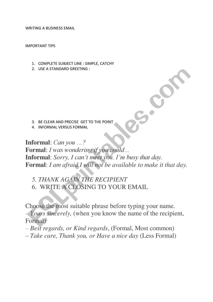 Writing a business email worksheet