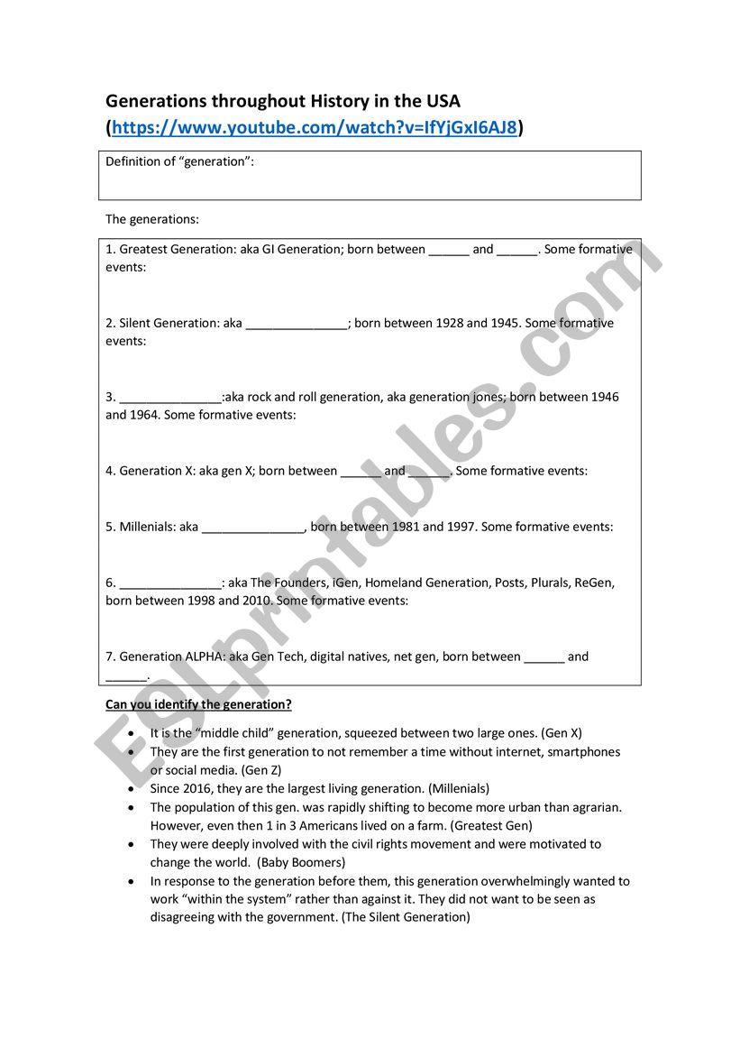 Generations Throughout History (video activity; w/key)