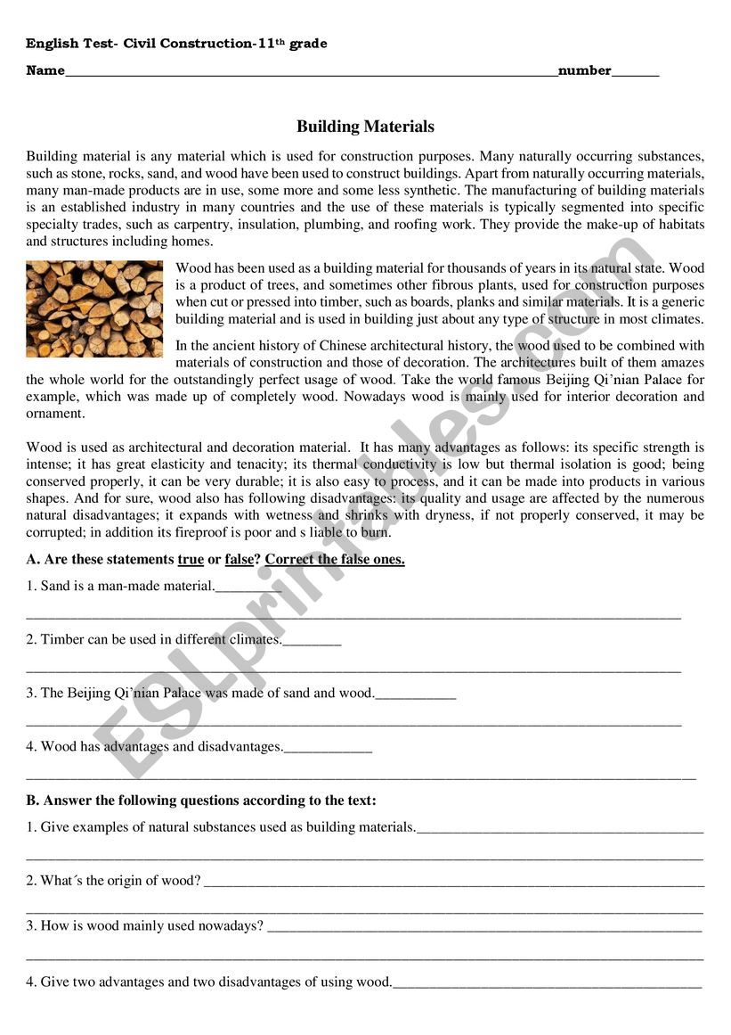 Building materials worksheet