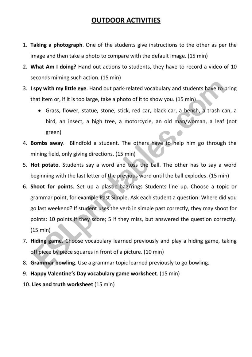 outdoor activities ideas worksheet