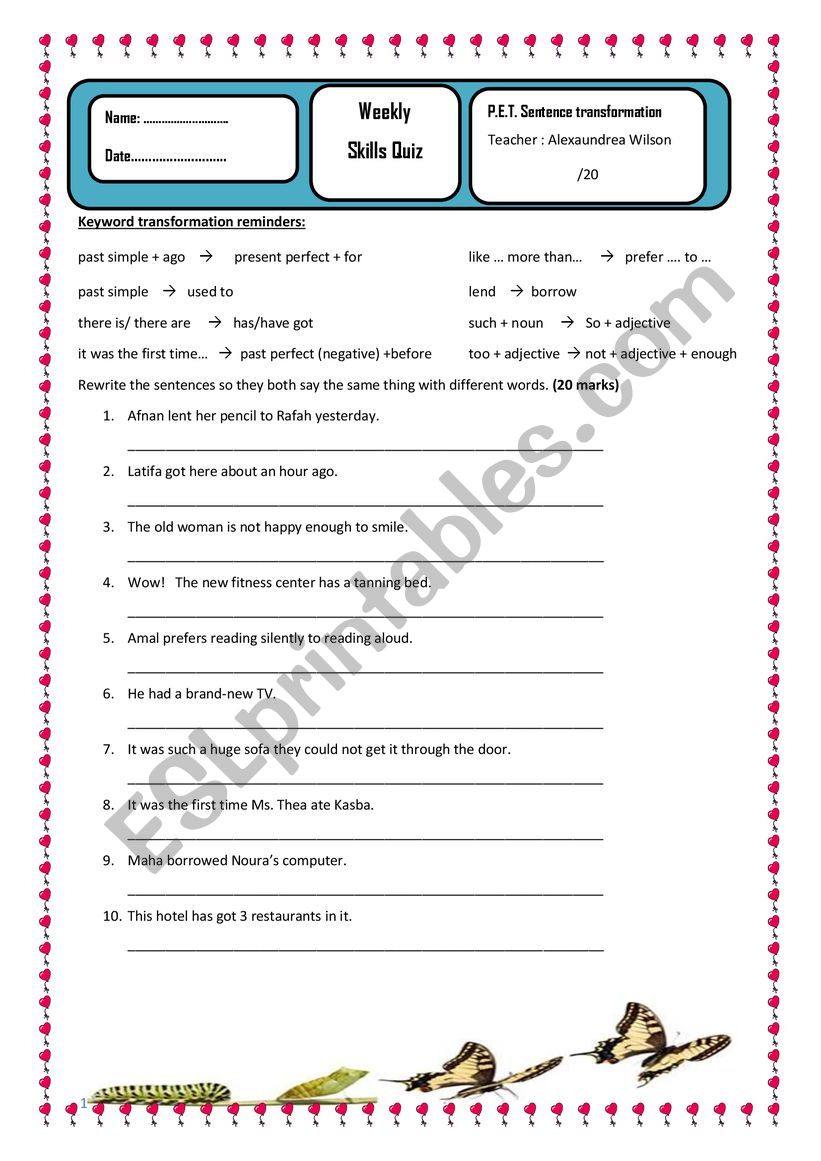 Key word transformation Quiz for P.E.T writing part 1