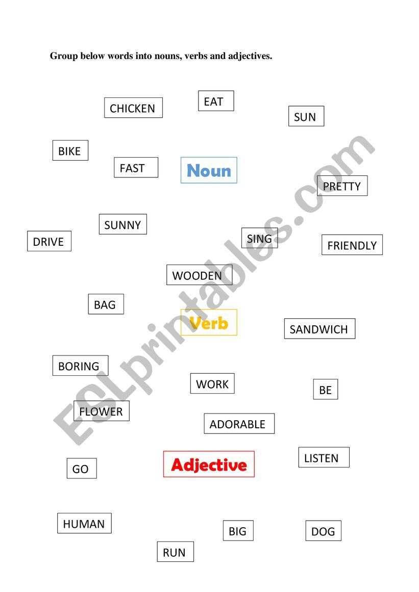 Nouns, verbs, adjectives. worksheet