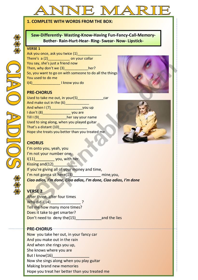 Anne Marie Ciao Adios Listening Worksheet Esl Worksheet By