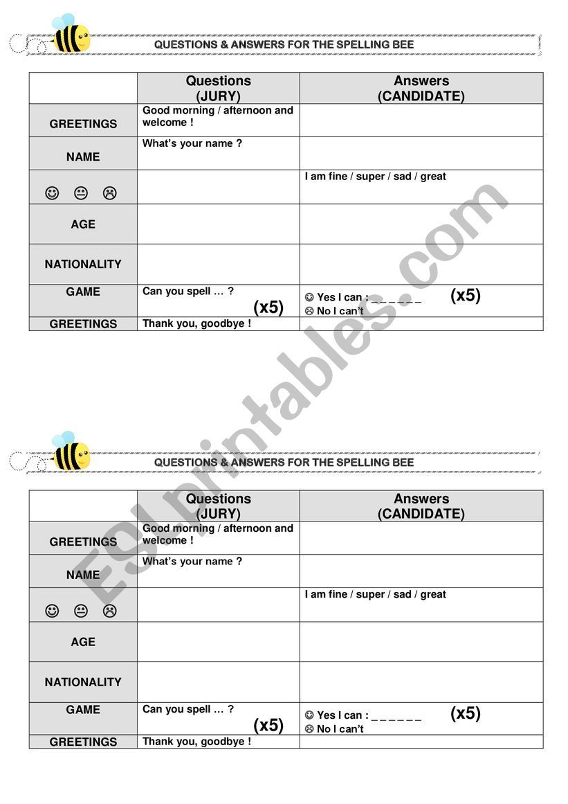 Spelling Bee - Questions and answers for jury and candidate