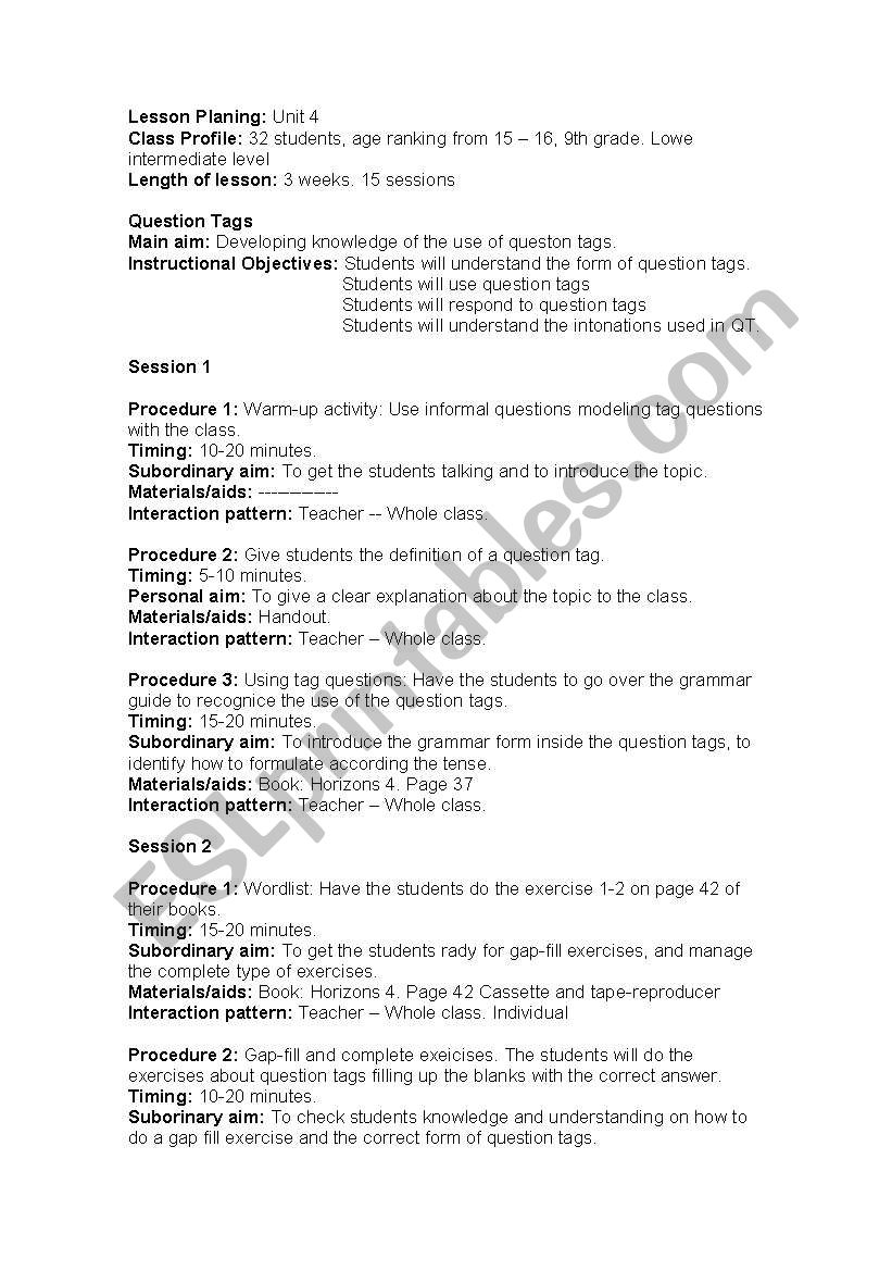 Lesson planning: Question tags an reported speech