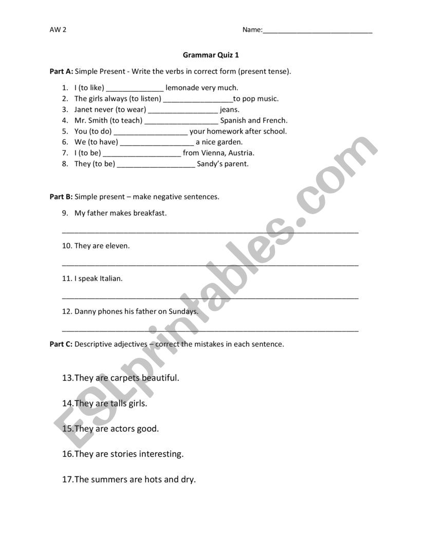 Grammar Quiz 1 worksheet