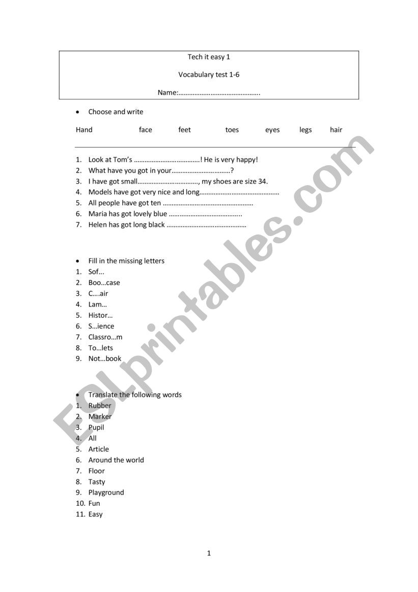 general vocabulary 1 easy   human body, house, rooms furniture