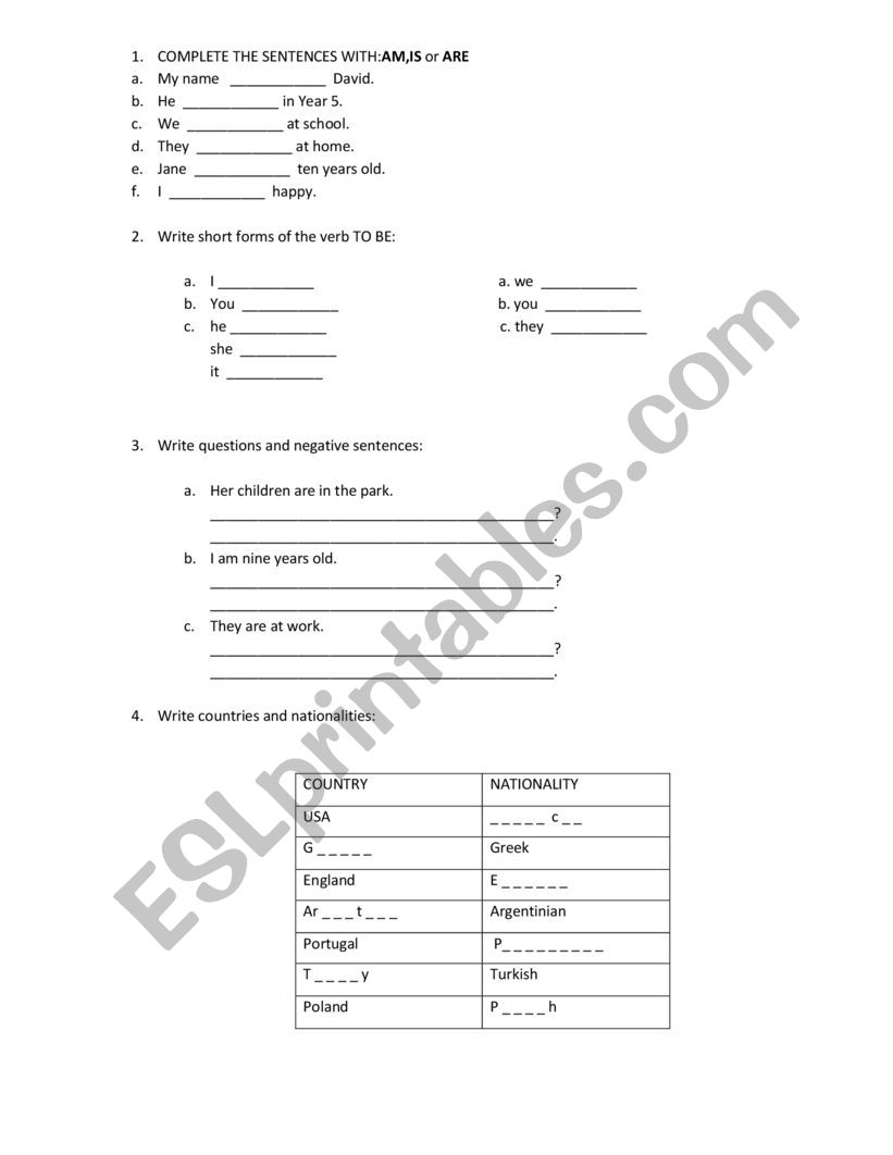 TO BE worksheet