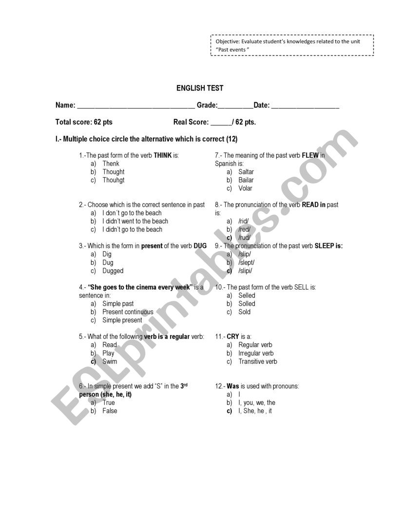 Simple Past test worksheet