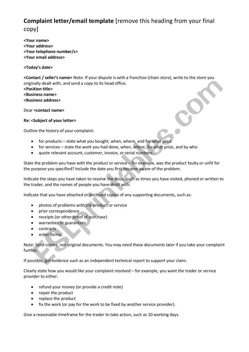 Complaint letter worksheet