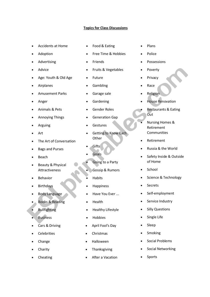 Topics (Class Discussions) worksheet