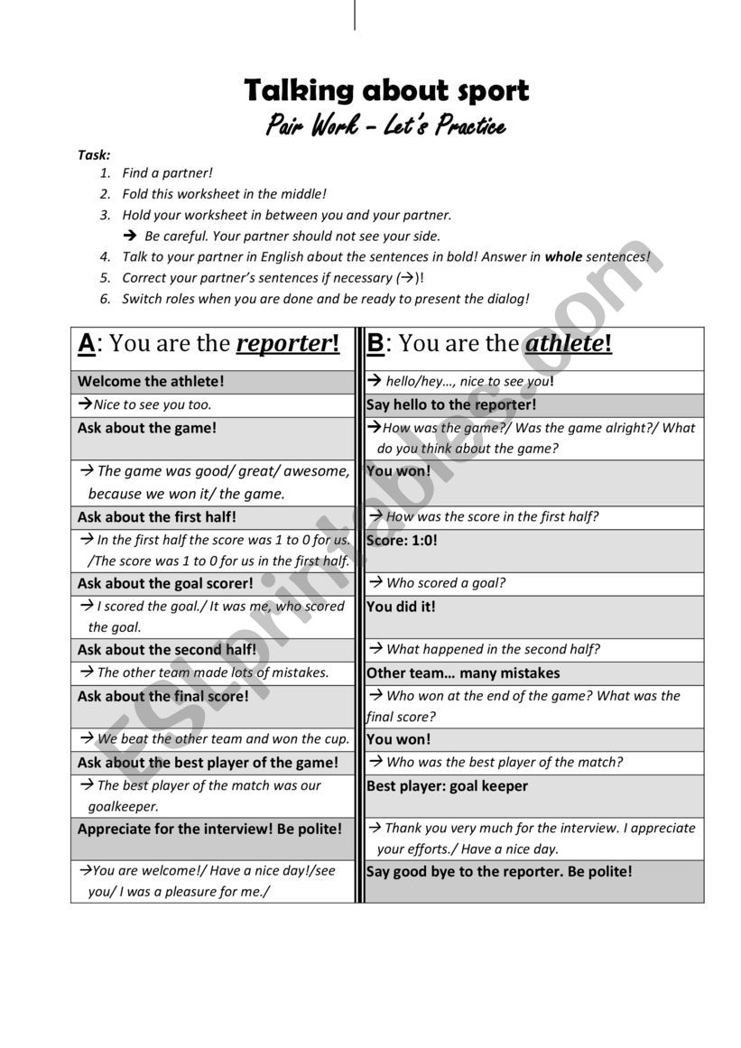 Pair work - a sports interview - athlete and interviewer