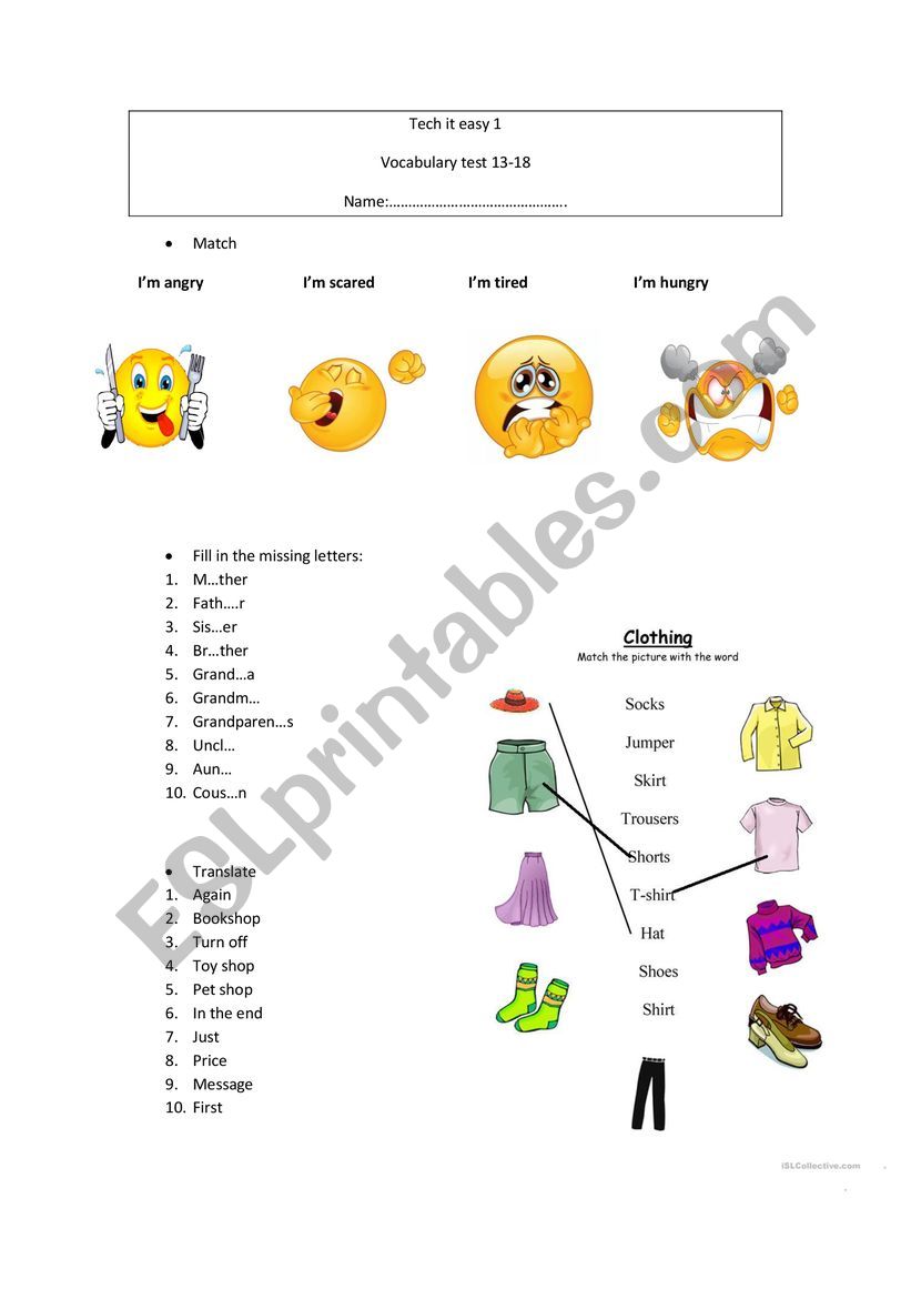 general vocabulary 3 easy emotions, family members and clothing