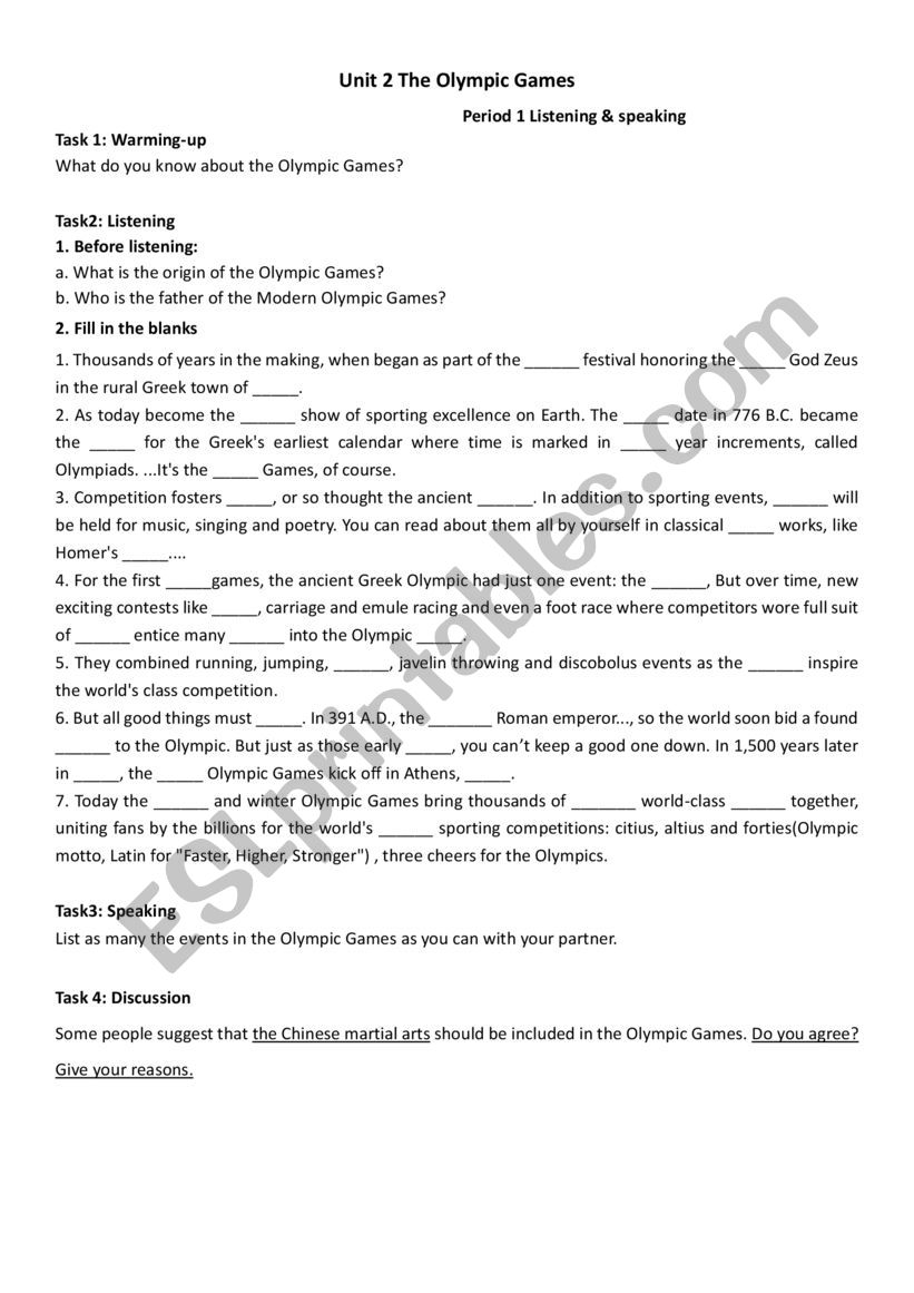 Olymic games worksheet