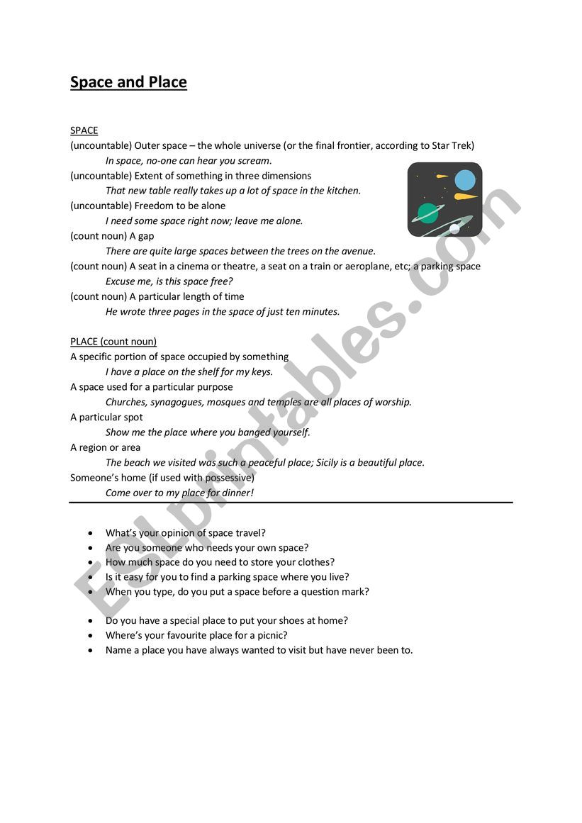 Easily confused words: space or place? Vocab handout