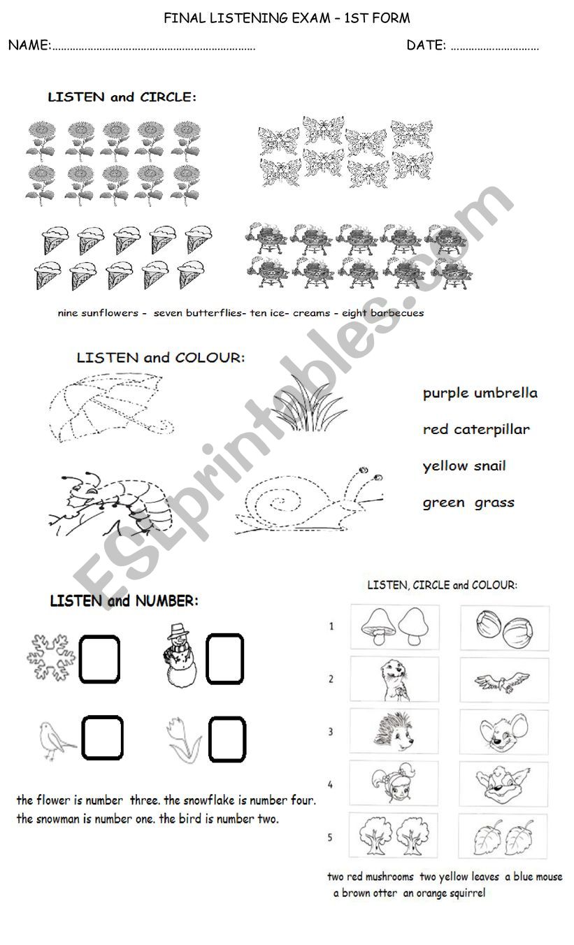 listening exam with keys worksheet