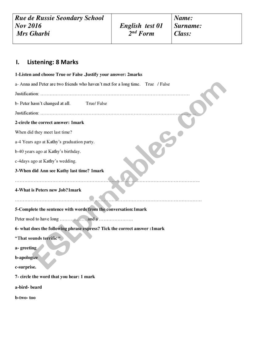 mid term test 1 2nd year worksheet
