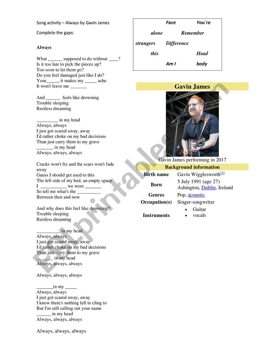 Song activity worksheet