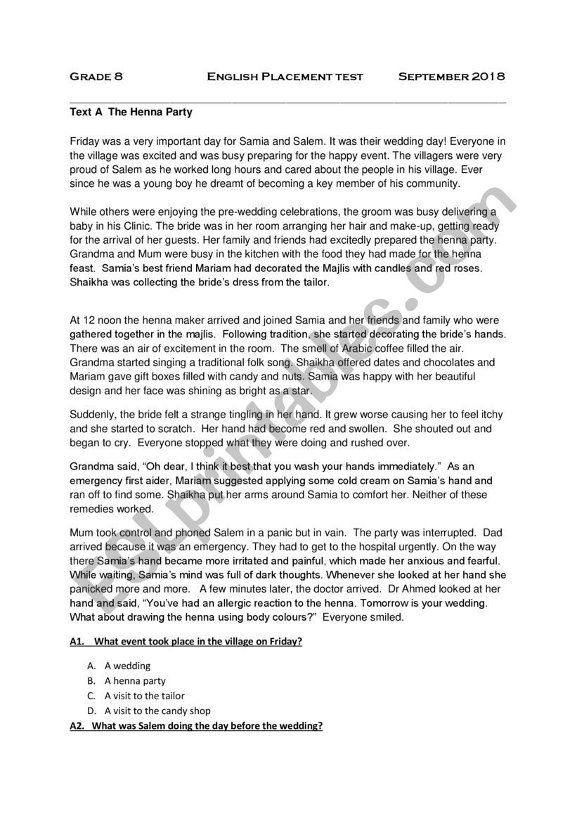 english placement test worksheet