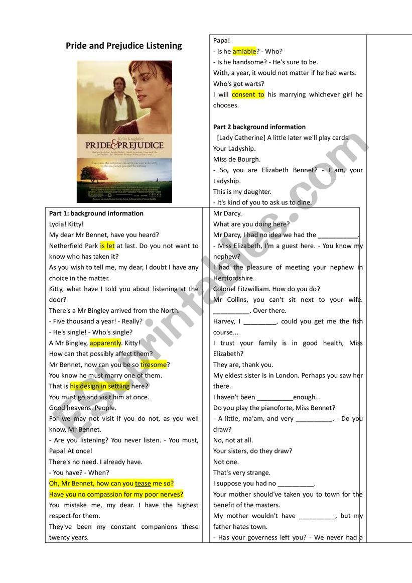 Pride and Prejudice Listening worksheet