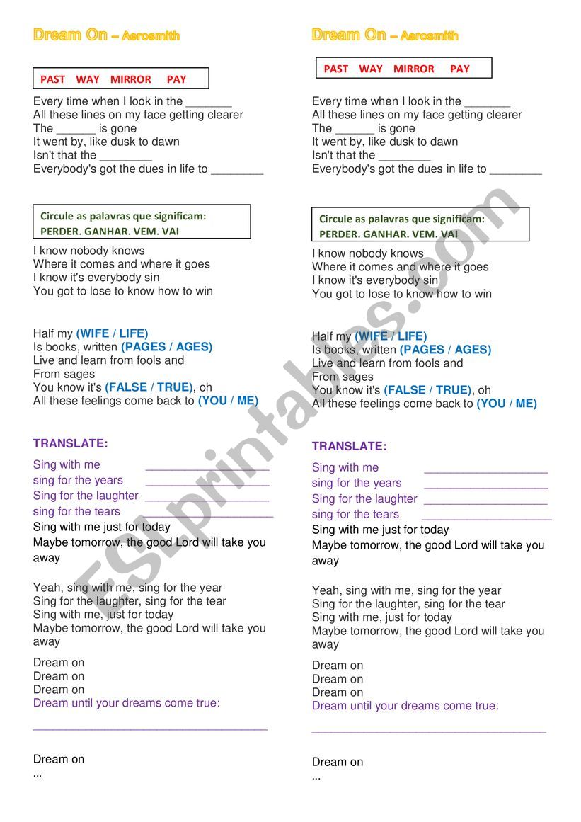 Dream on - Aerosmith worksheet