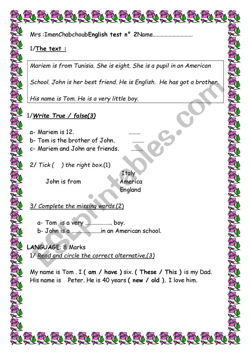 engLish test for beginners worksheet