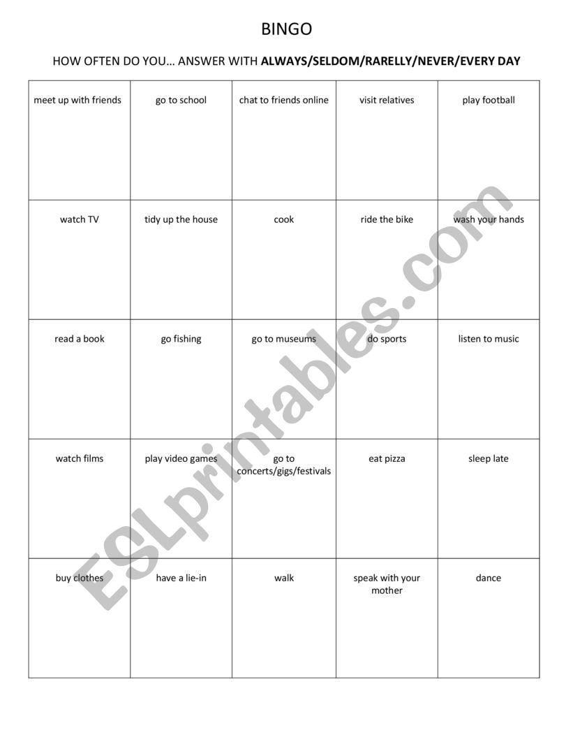 bingo-how often worksheet