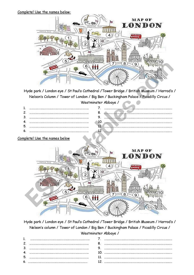 Complete the map of London with the famous monuments