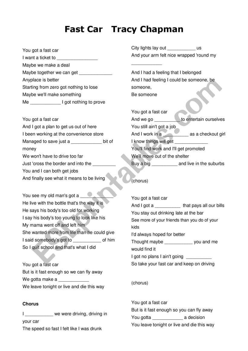 Fast Car - Tracy Chapman  worksheet