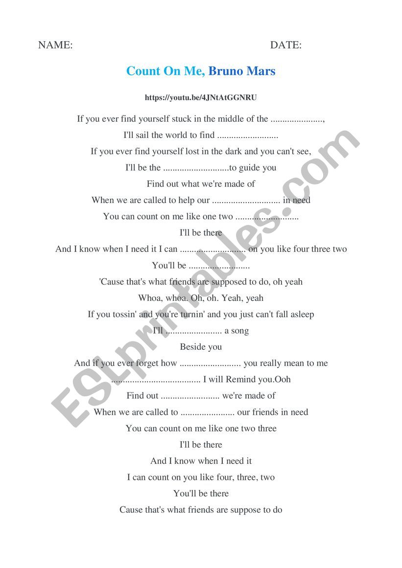 COUNT ON ME, BRUNO MARS worksheet