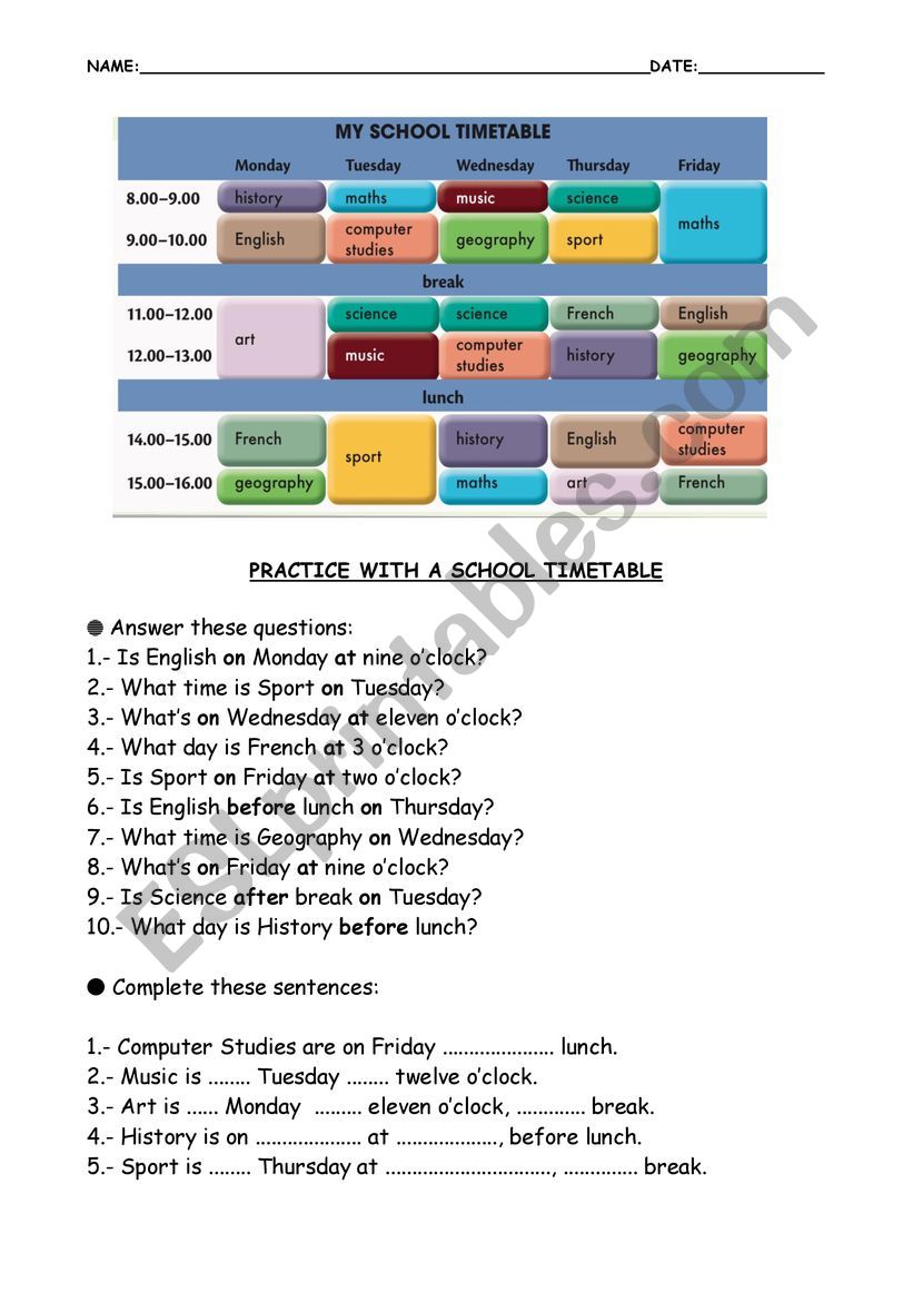 SCHOOL TIMETABLE worksheet