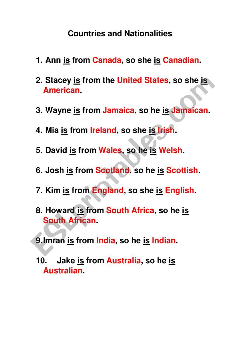 Countries and nationalities worksheet