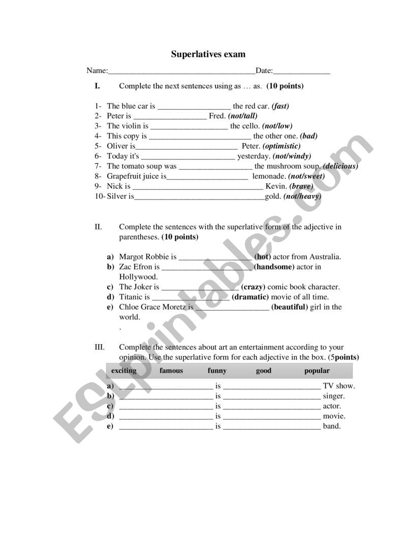 Superlatives exam worksheet