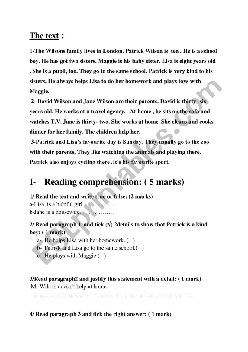 reading comprehension worksheet