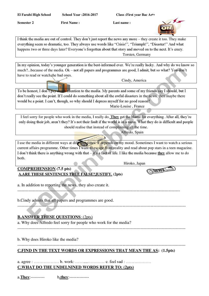 global test worksheet