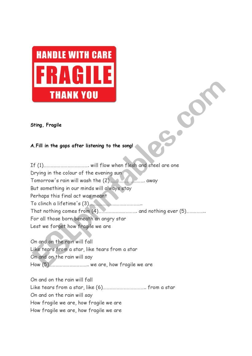 lFragile, Sting : song worksheet