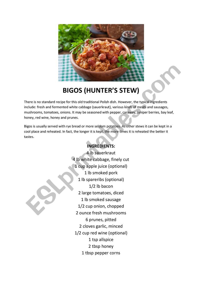 Traditional polish food BIGOS worksheet