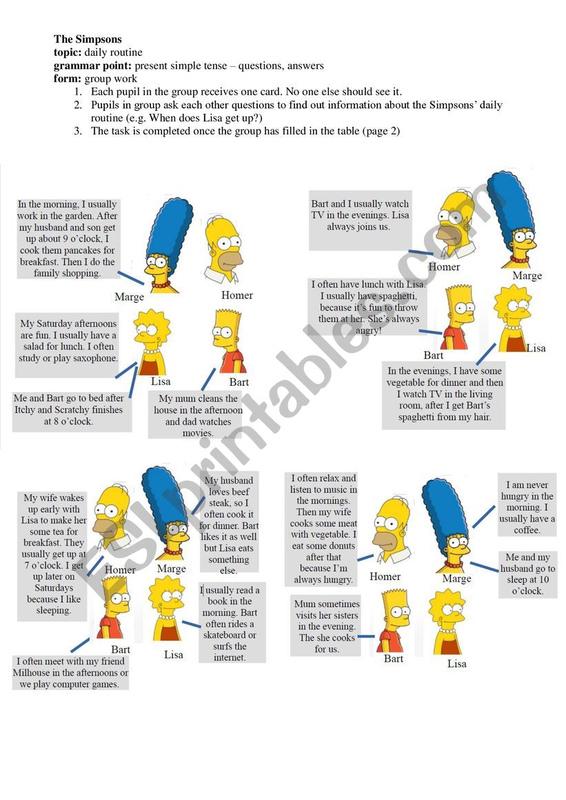 The Simpsons - daily routine worksheet