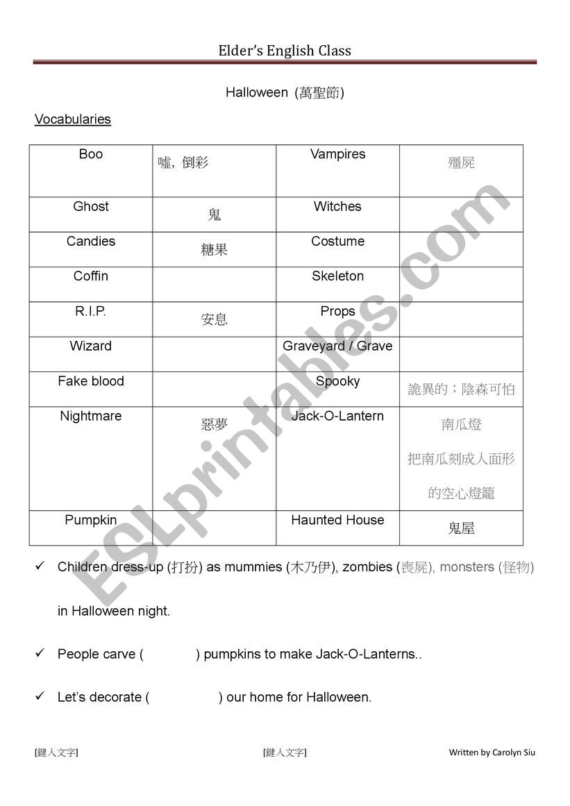 Basic to intermediate vocabularies and sentences about Halloween