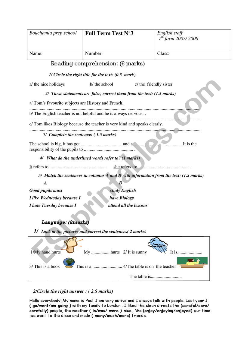 devoir 7th form worksheet