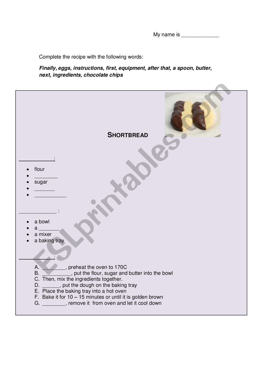 SHORTBREAD RECIPE worksheet