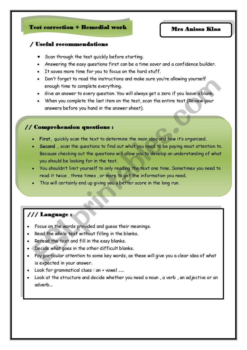 test correction worksheet