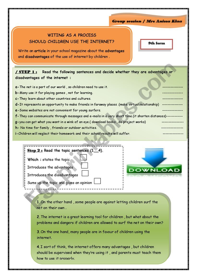 Should children use the net? worksheet