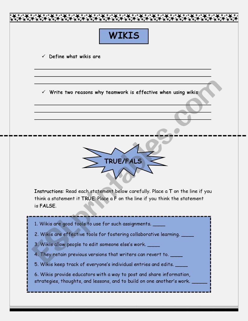 THE USE OF WIKIS worksheet